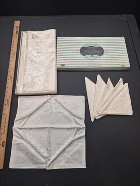 Vintage Steamship Brand Damask 1 Tablecloth and 6 Napkins
